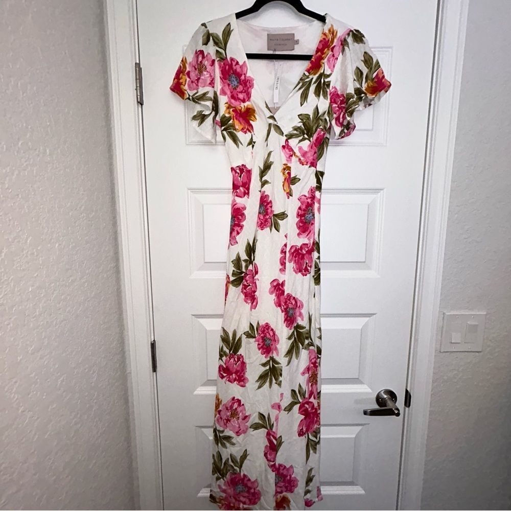 New, White Closet Elements Floral Print Flutter Short Sleeve Linen Blend Dress